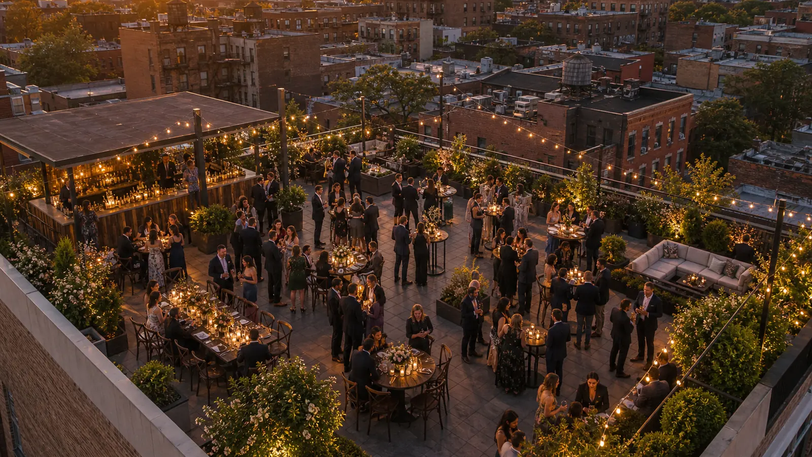 A rooftop wedding reception at sunset