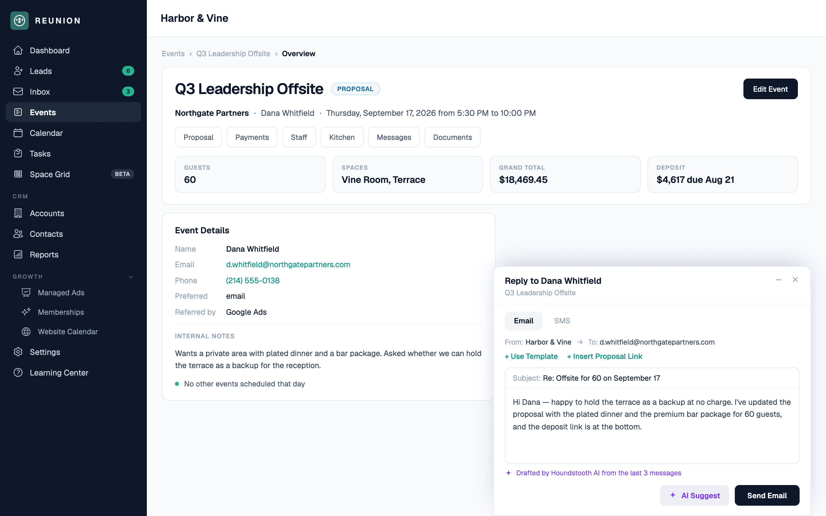 Reunion event workspace with an AI-suggested email reply