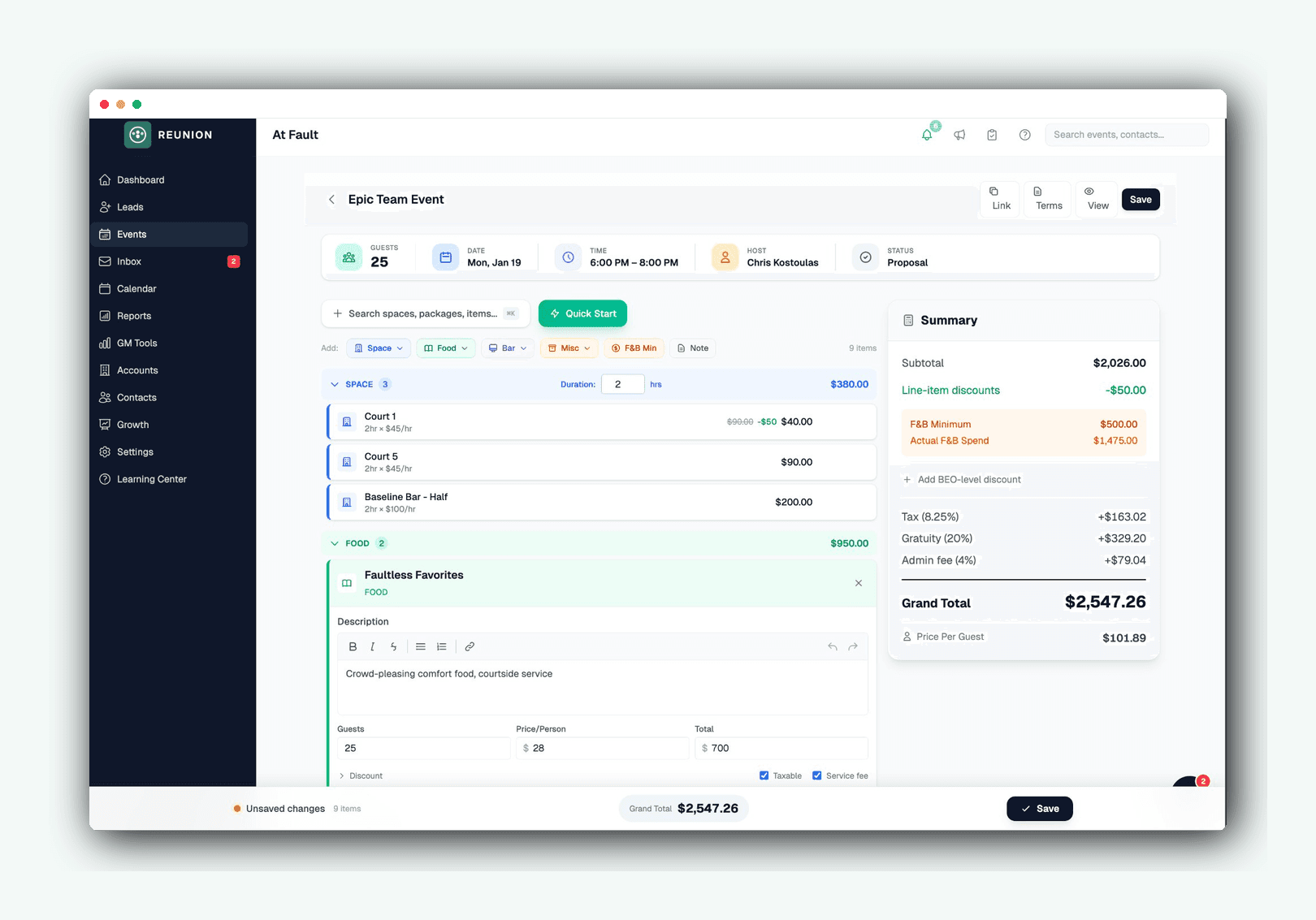 Reunion proposal builder with spaces, food packages, and live summary