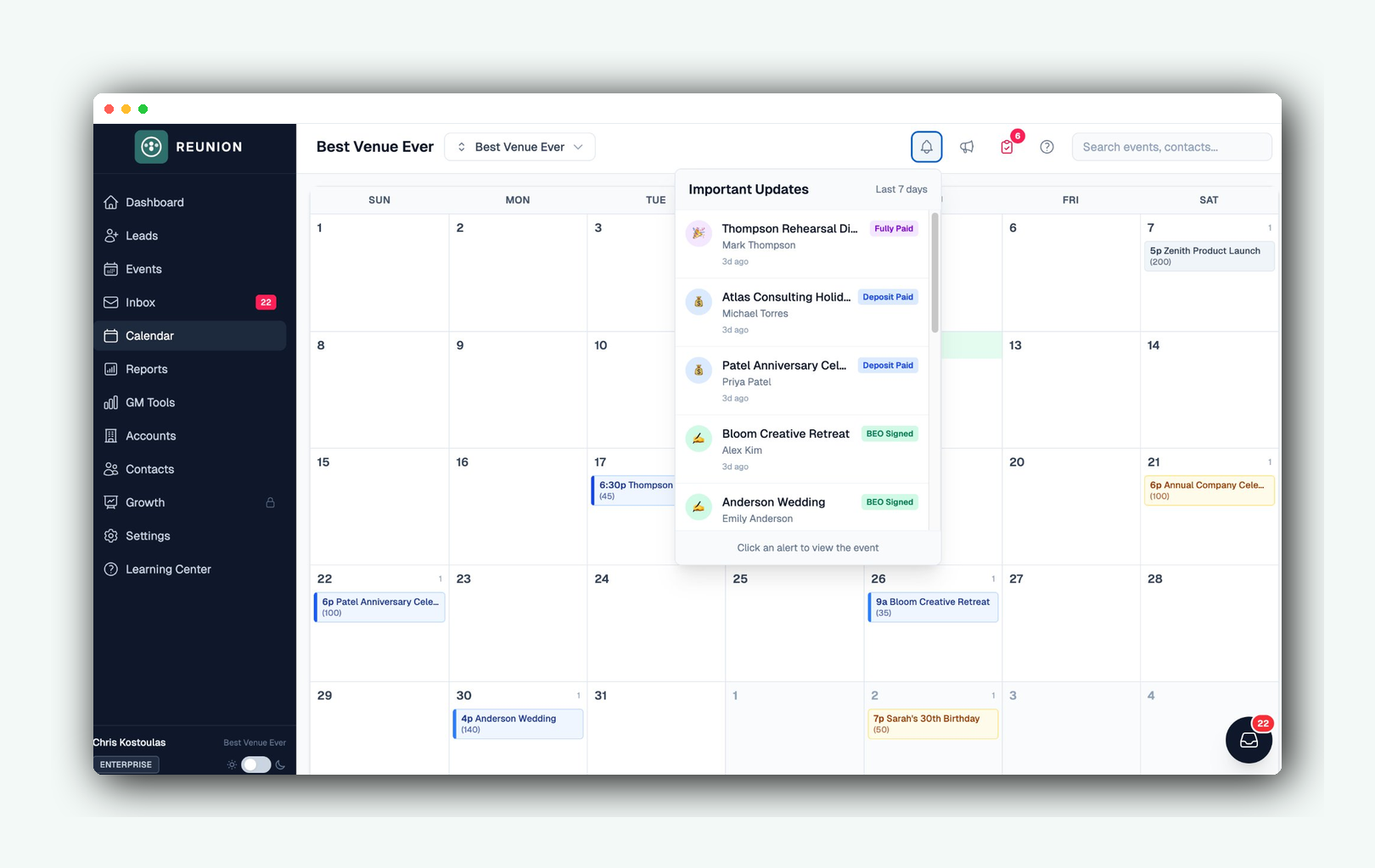Reunion event calendar showing monthly view with color-coded events and alerts