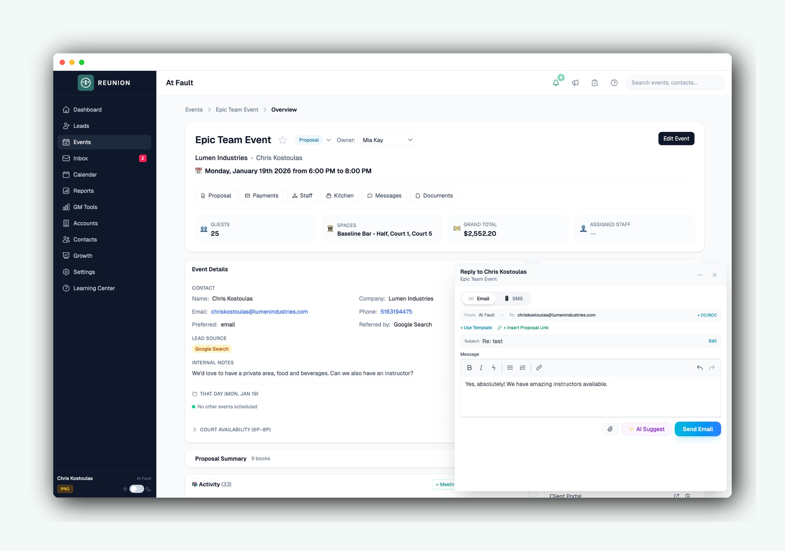 Reunion smart reply with AI Suggest button for context-aware email responses