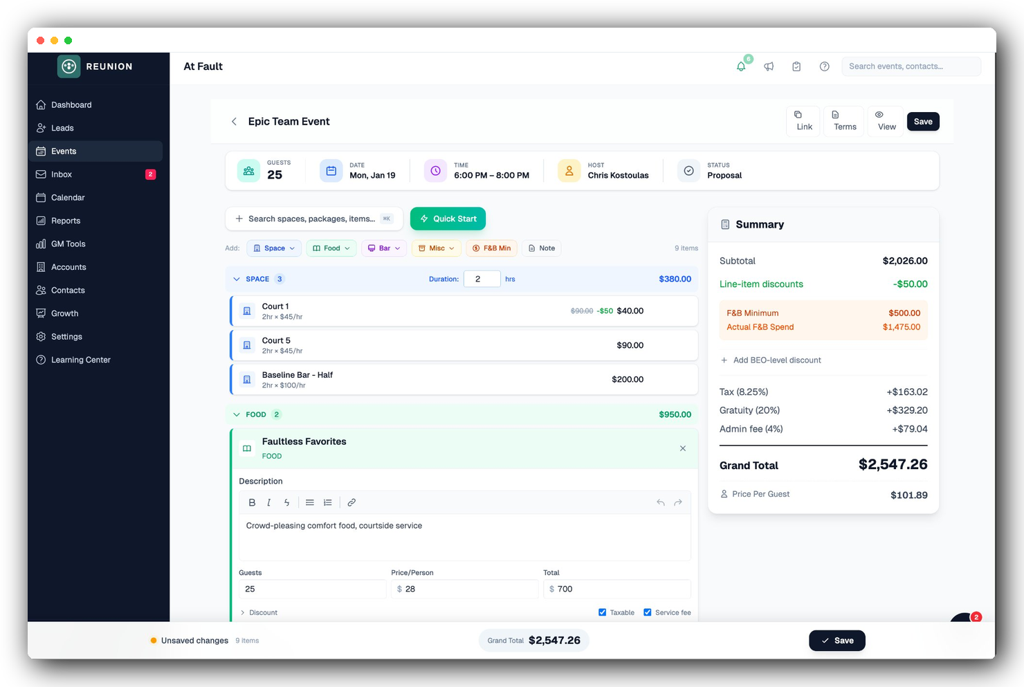 Reunion BEO builder showing event details, line items, and pricing summary
