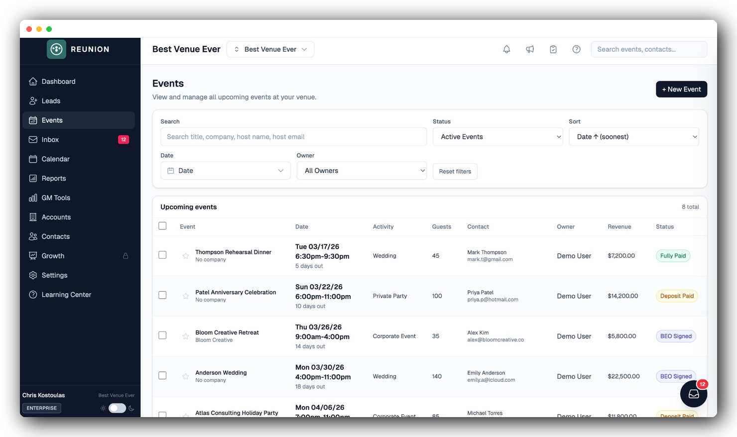 Reunion events pipeline showing upcoming events with status, revenue, and contacts
